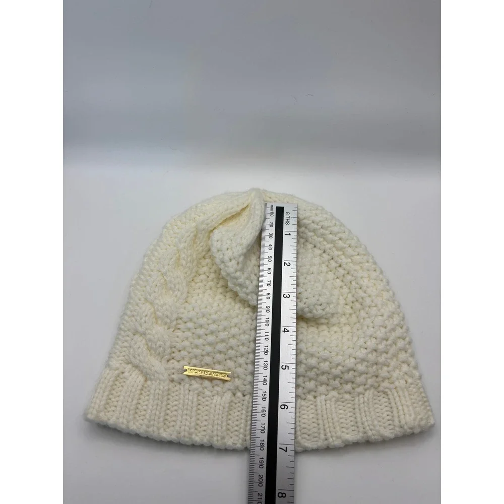 Michael Kors Women's Beanie Hat Cream White Cable Knit Gold Logo Plaque Winter